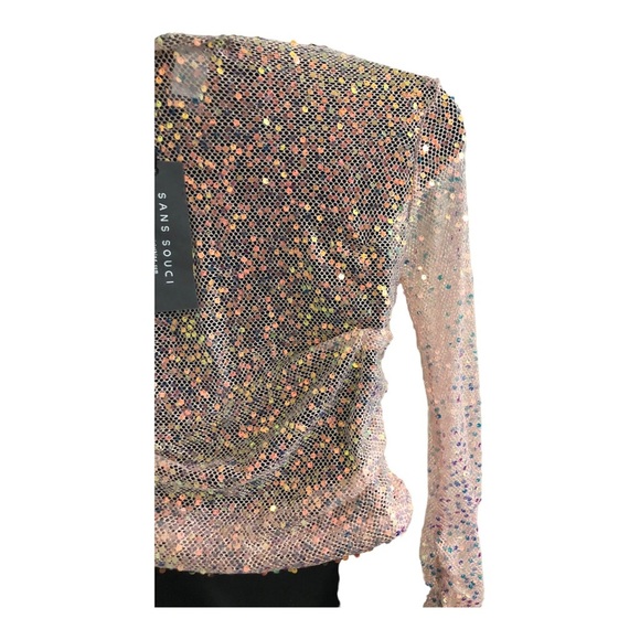 Sans Souci Pink‎ Sequin sheer mesh iridescent shirred side and sleeve top size M - Picture 10 of 11